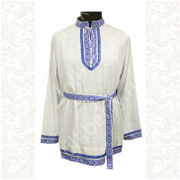 Рубаха мужская Колосок, лён белый, декор синий